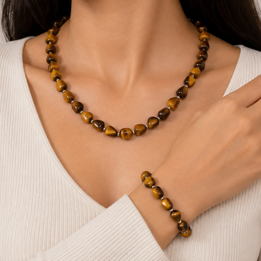 Natural Tiger Eye Tumbled Beaded Necklace & Bracelet Set