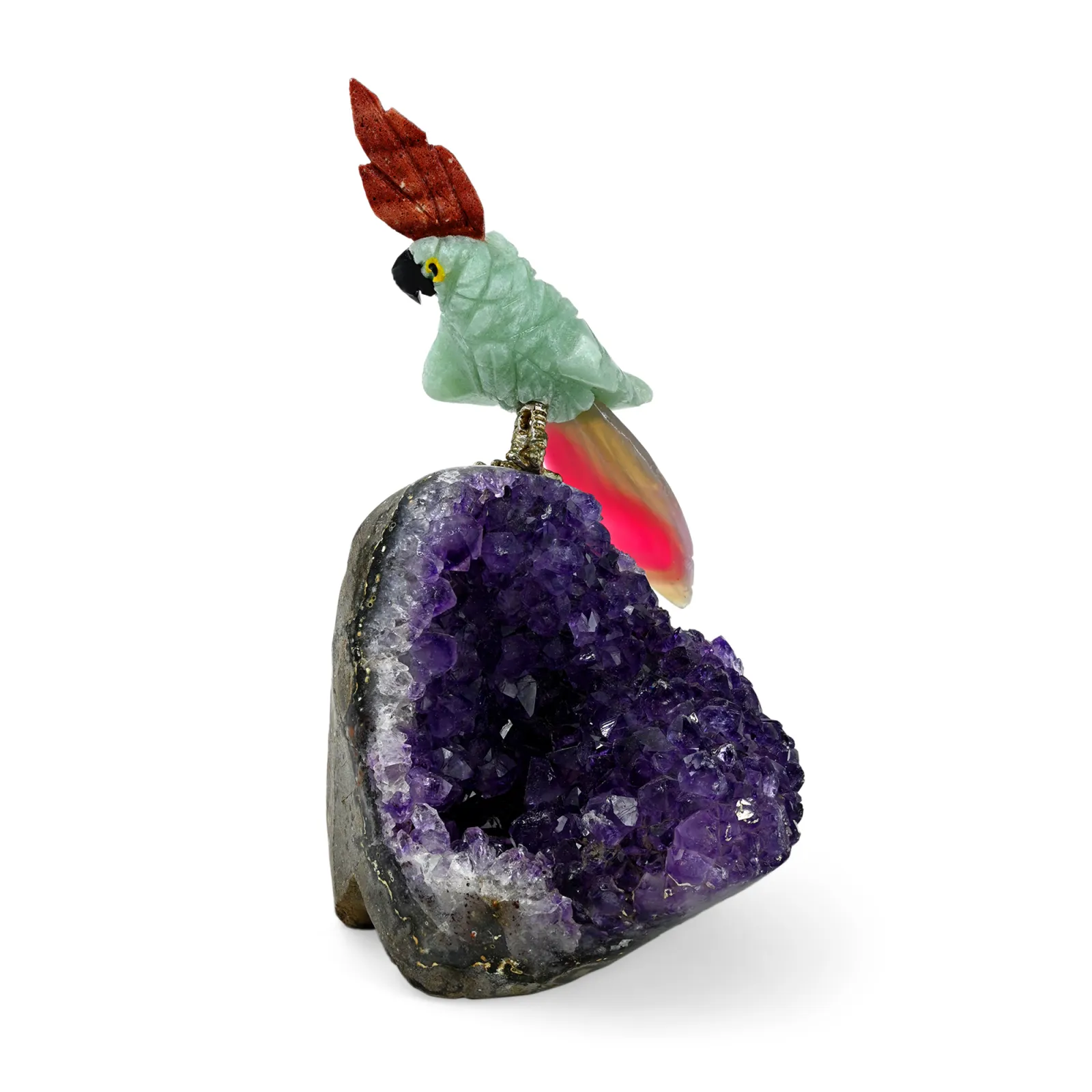 Amethyst Geode with Carved Crystal Bird Figurine