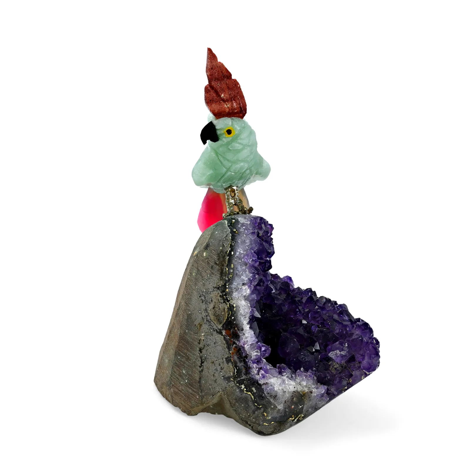 Amethyst Geode with Carved Crystal Bird Figurine