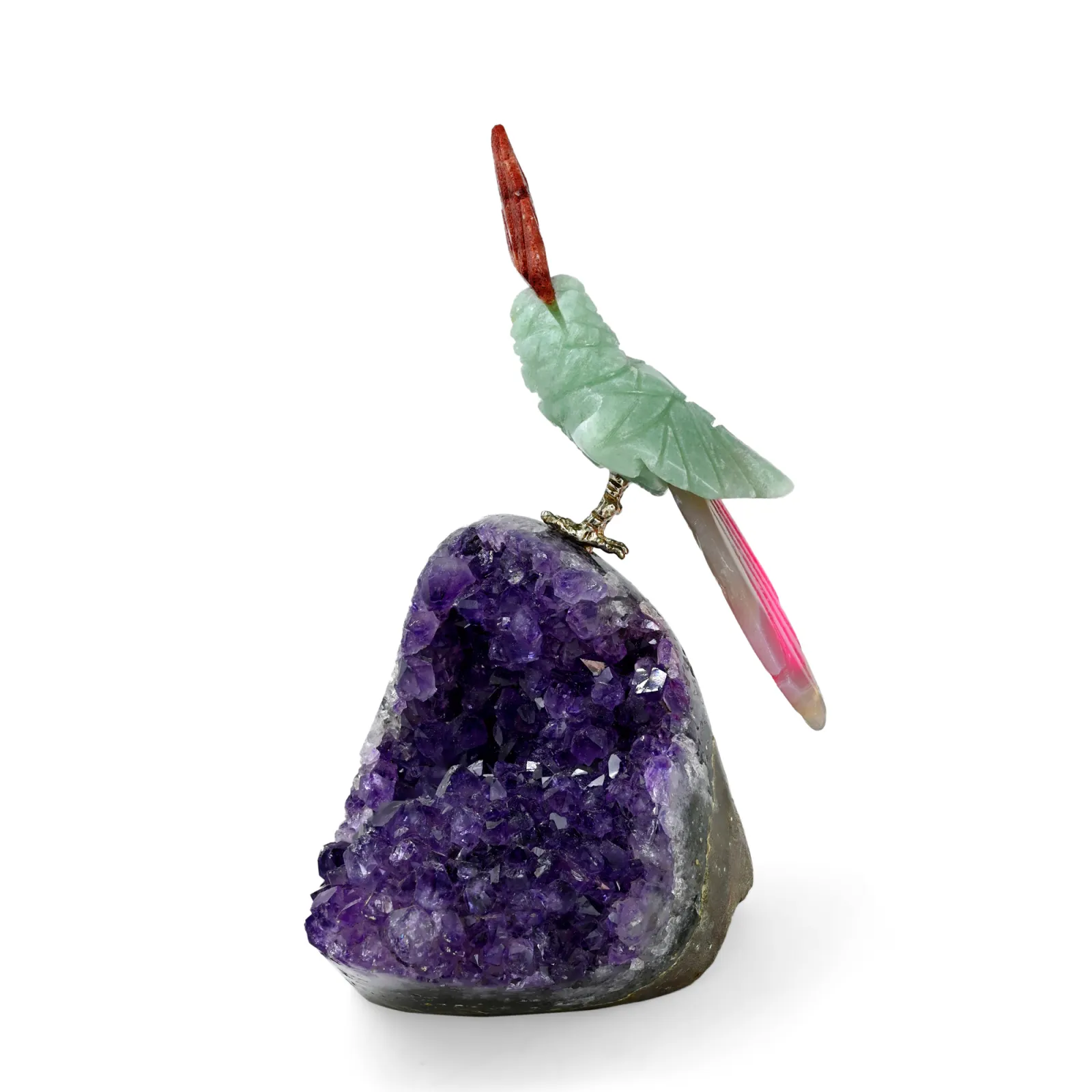 5" Natural Amethyst Geode with Hand-Carved Aventurine Bird Figurine