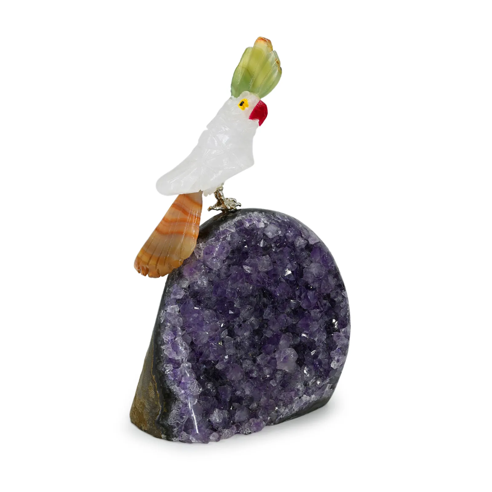 5" Natural Amethyst Geode with Hand-Carved Crystal Bird Figurine