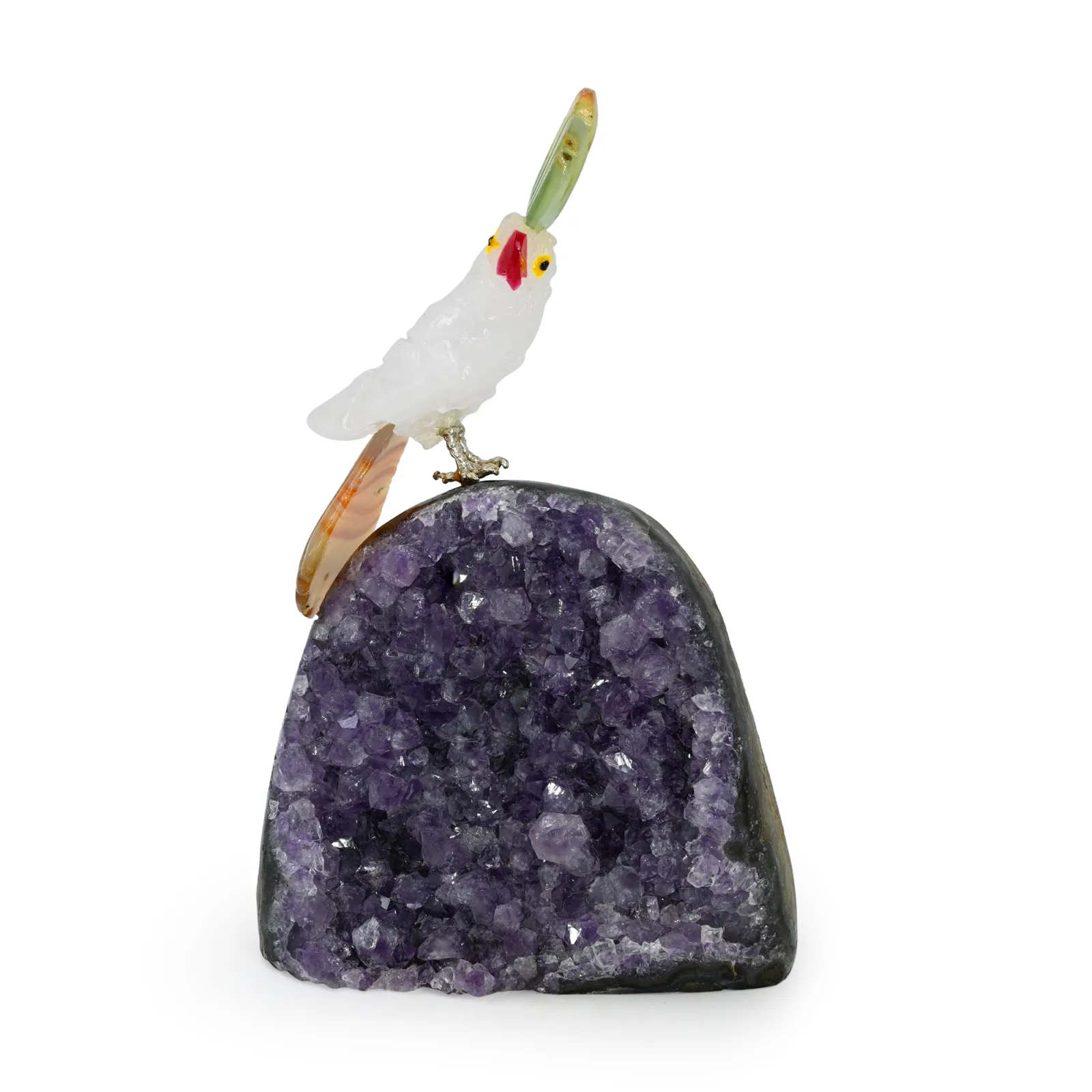 Natural Amethyst Geode with Carved aventurine Bird Figurine
