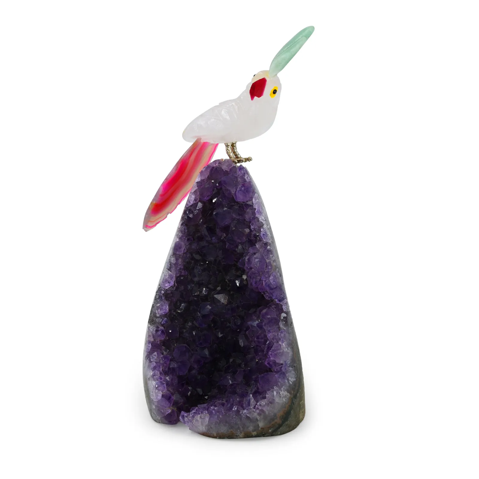 5" Natural Amethyst Geode with Carved Crystal Bird Figurine