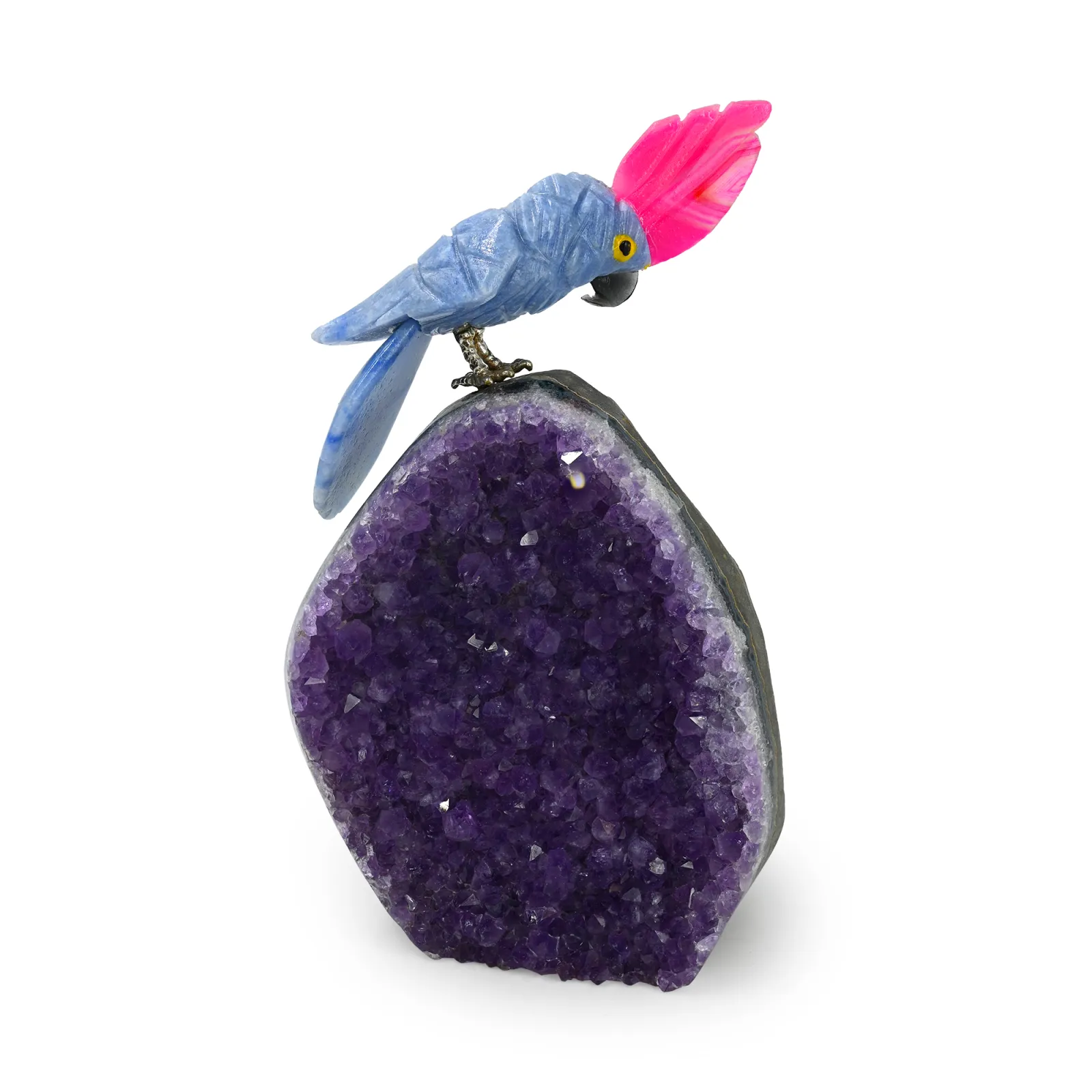 4" Natural Amethyst Geode with Hand-Carved Sodalite Bird Figurine