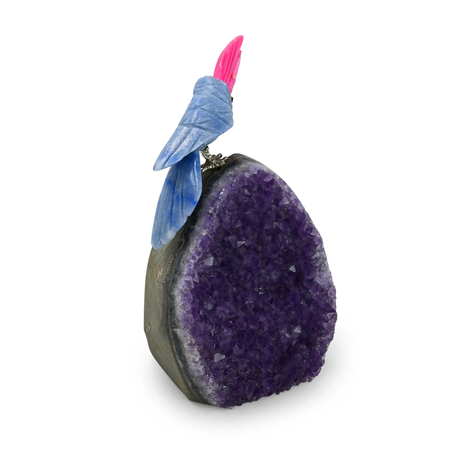 Amethyst Geode with Hand-Carved Sodalite Bird Figurine