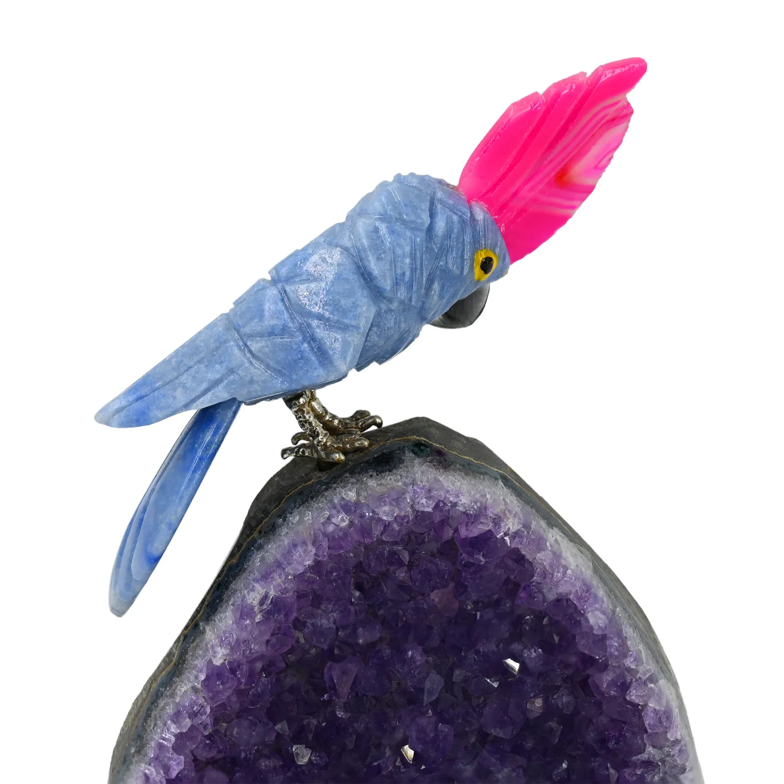 Amethyst Geode with Hand-Carved Sodalite Bird Figurine