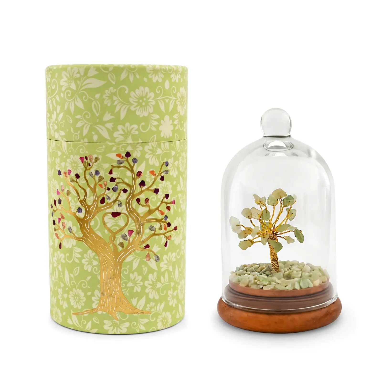 Green Aventurine Money Tree in Glass Dome for Luck & Prosperity Decor