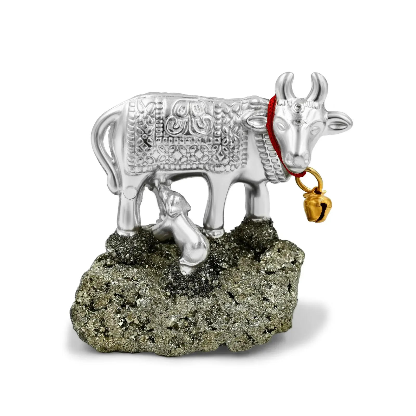 Silver Kamdhenu Cow on Pyrite Base