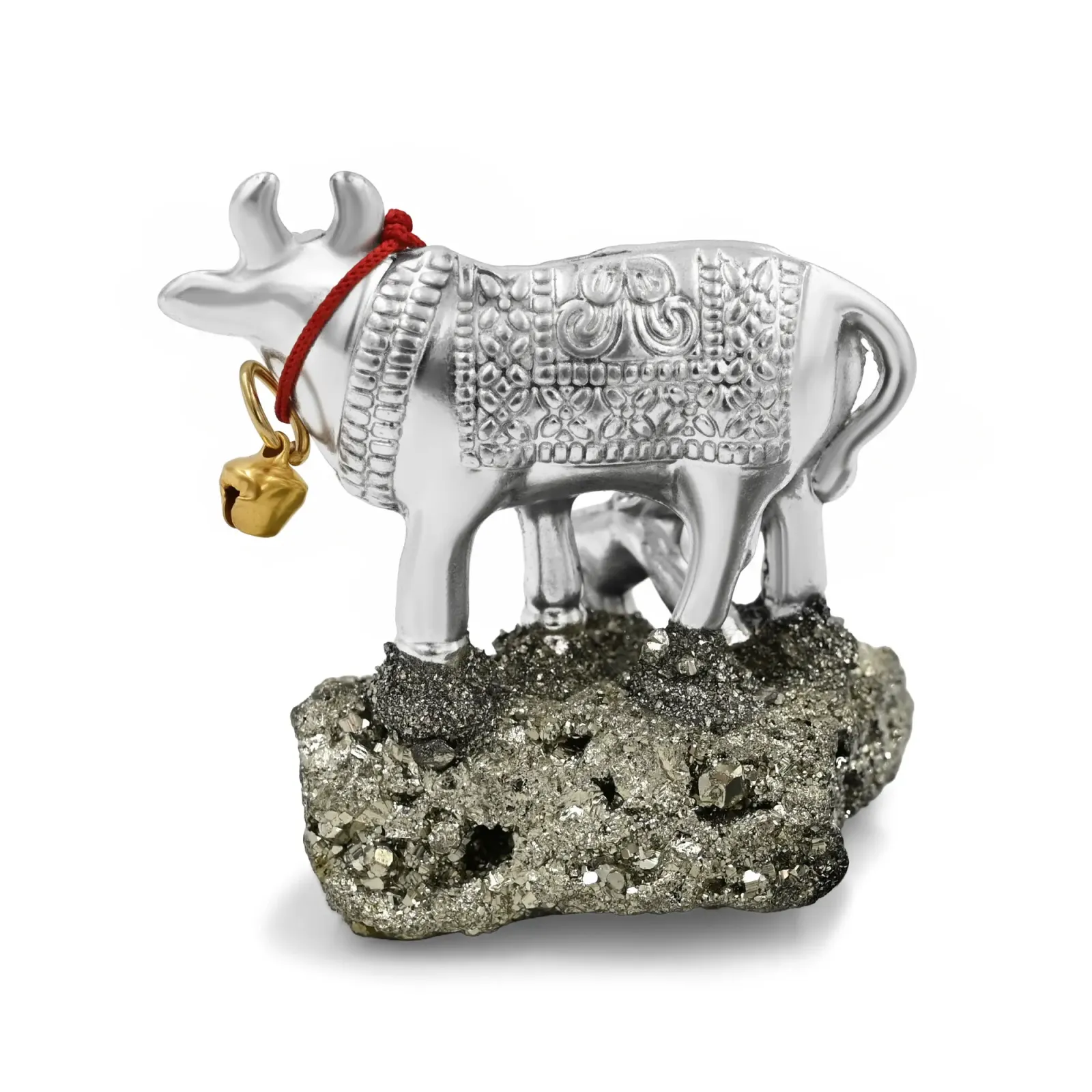 Silver Kamdhenu Cow on Pyrite Base