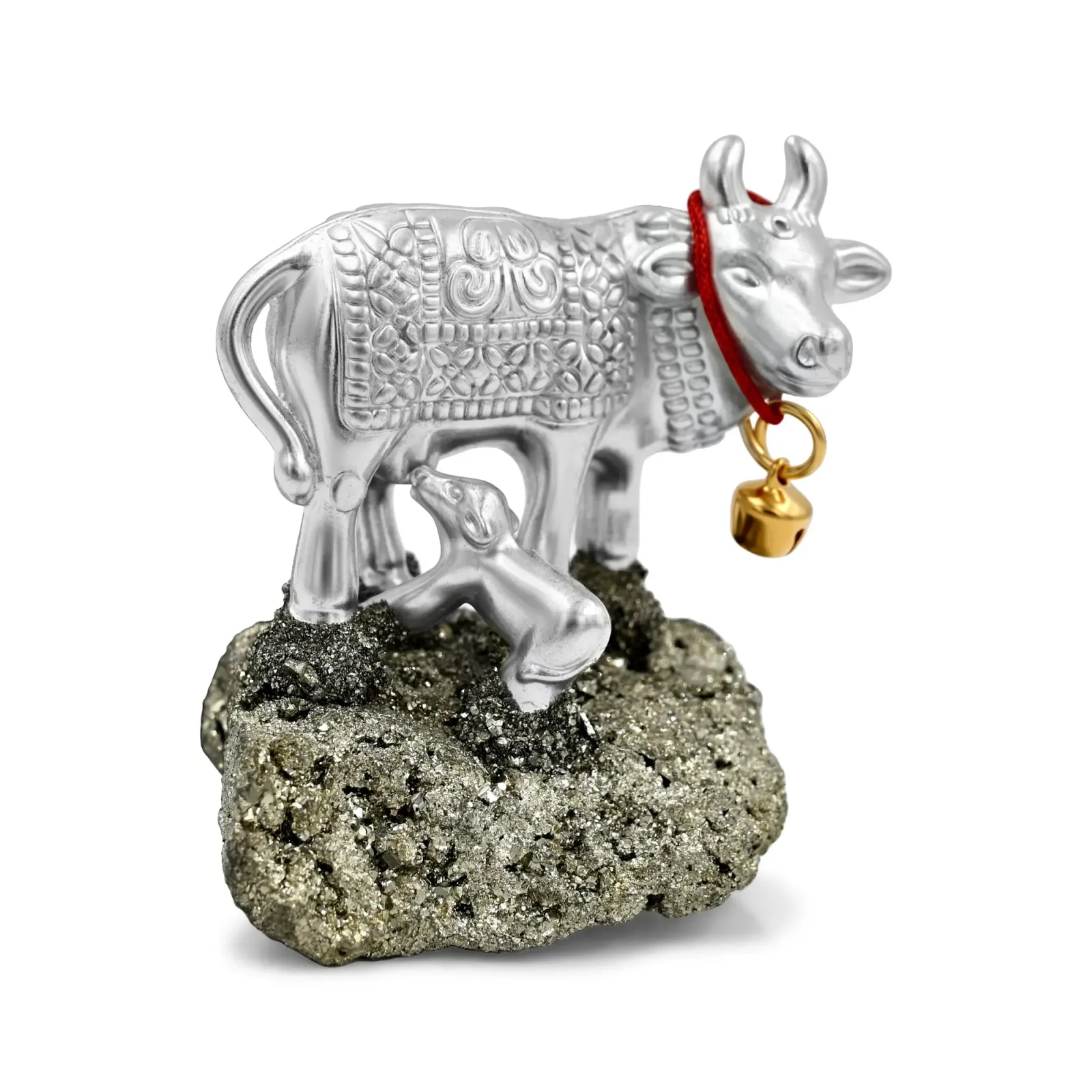 Silver Kamdhenu Cow on Pyrite Base