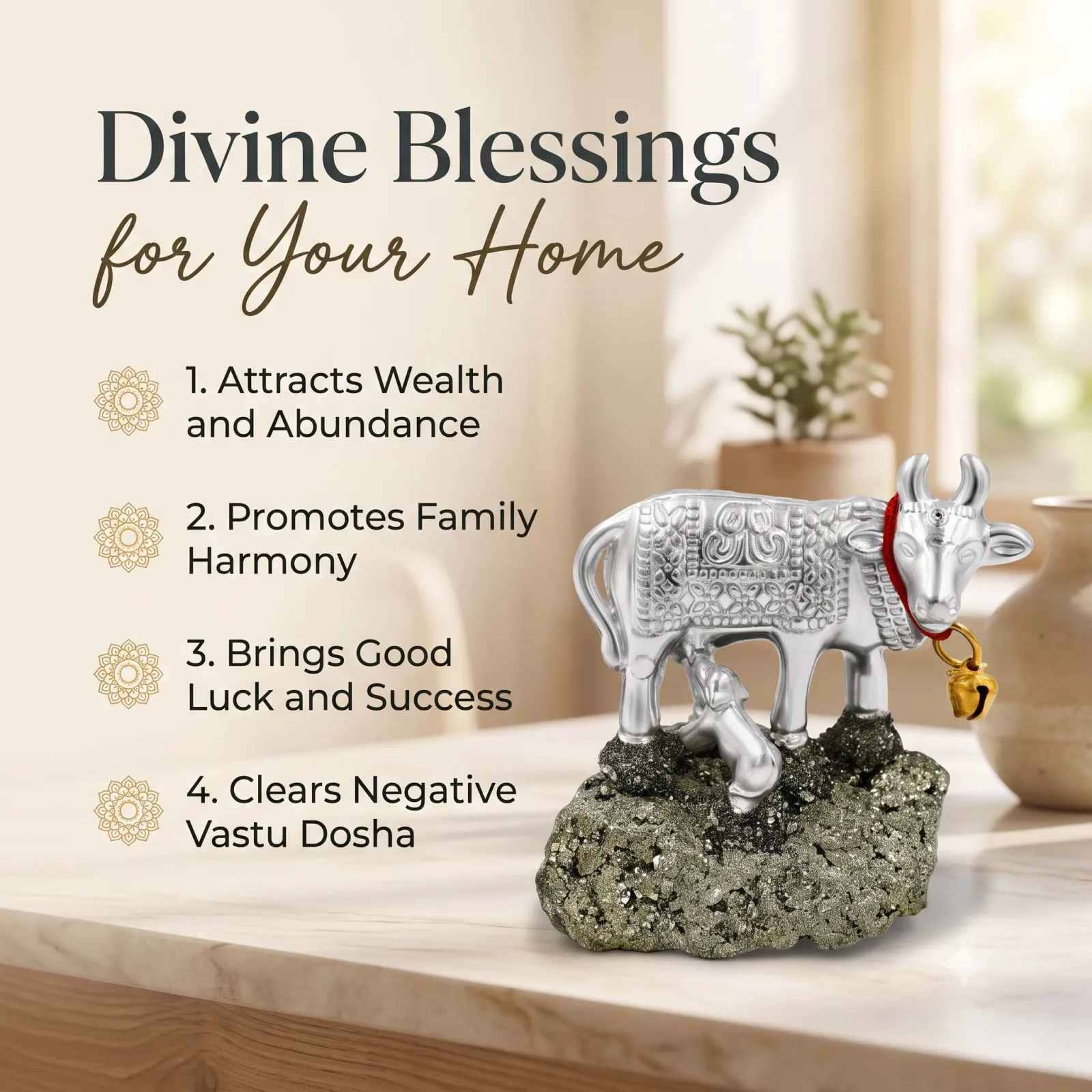 Silver Kamdhenu Cow on Pyrite Base
