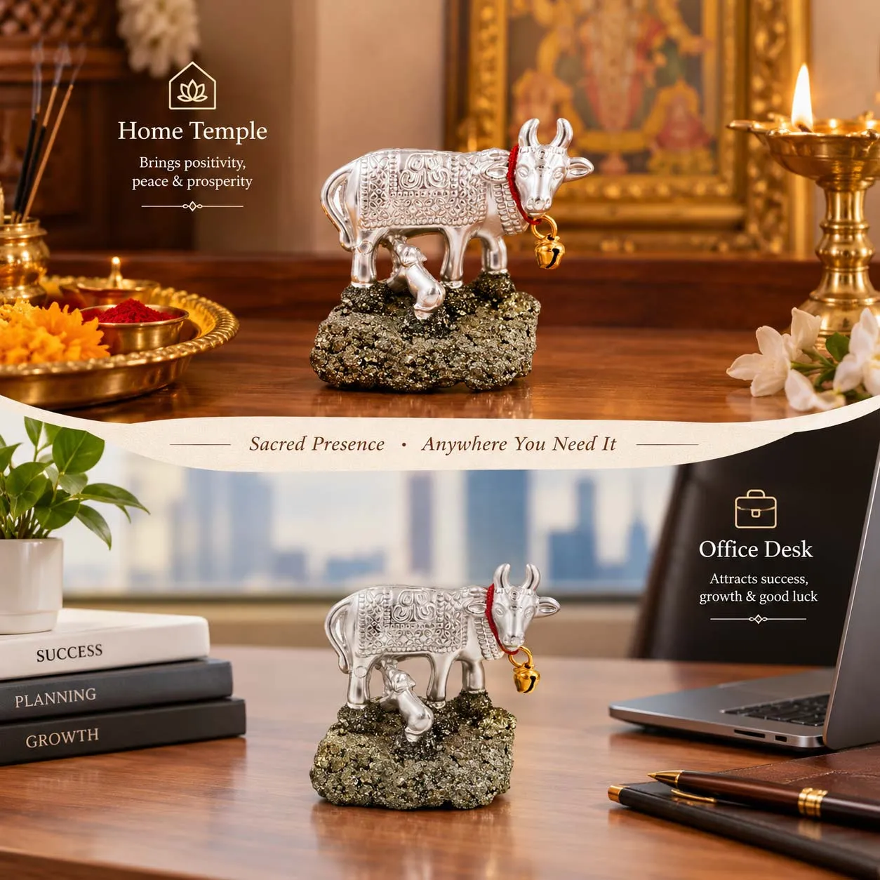 Silver Kamdhenu Cow on Pyrite Base